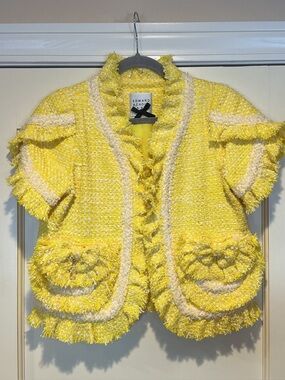 NWOT Edward Achour Yellow Fringe Tweed Jacket, Size FR 38